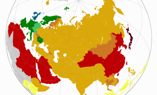 画像：『習得するのが難しい外国語のランキング』を地図で示したもの